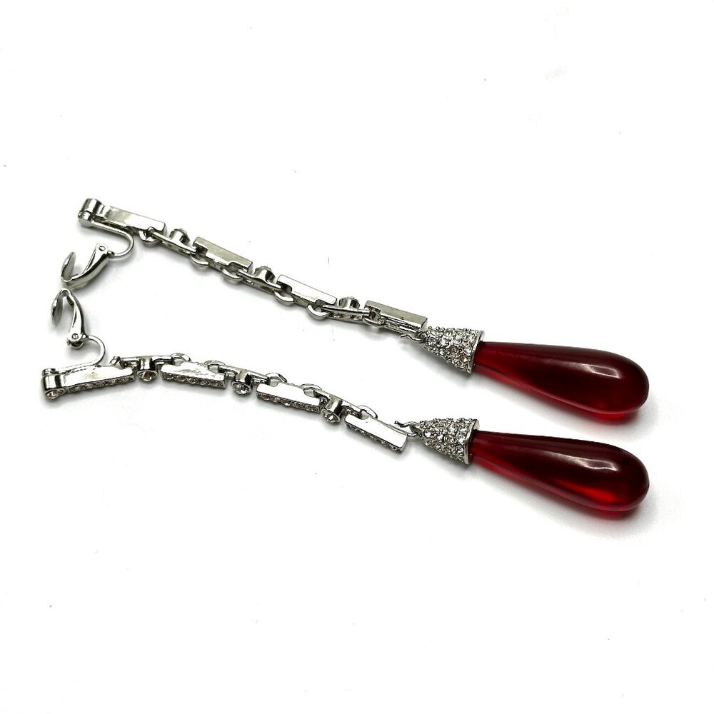 Vintage 1980s Kenneth Jay Lane Ruby Red Teardrop Earrings—Art Deco Revival — EUC - Picture 6 of 8